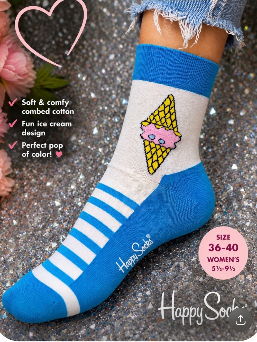 🍦 Happy Socks Ice Cream Cone Crew Socks NWT | Blue & White Novelty Socks